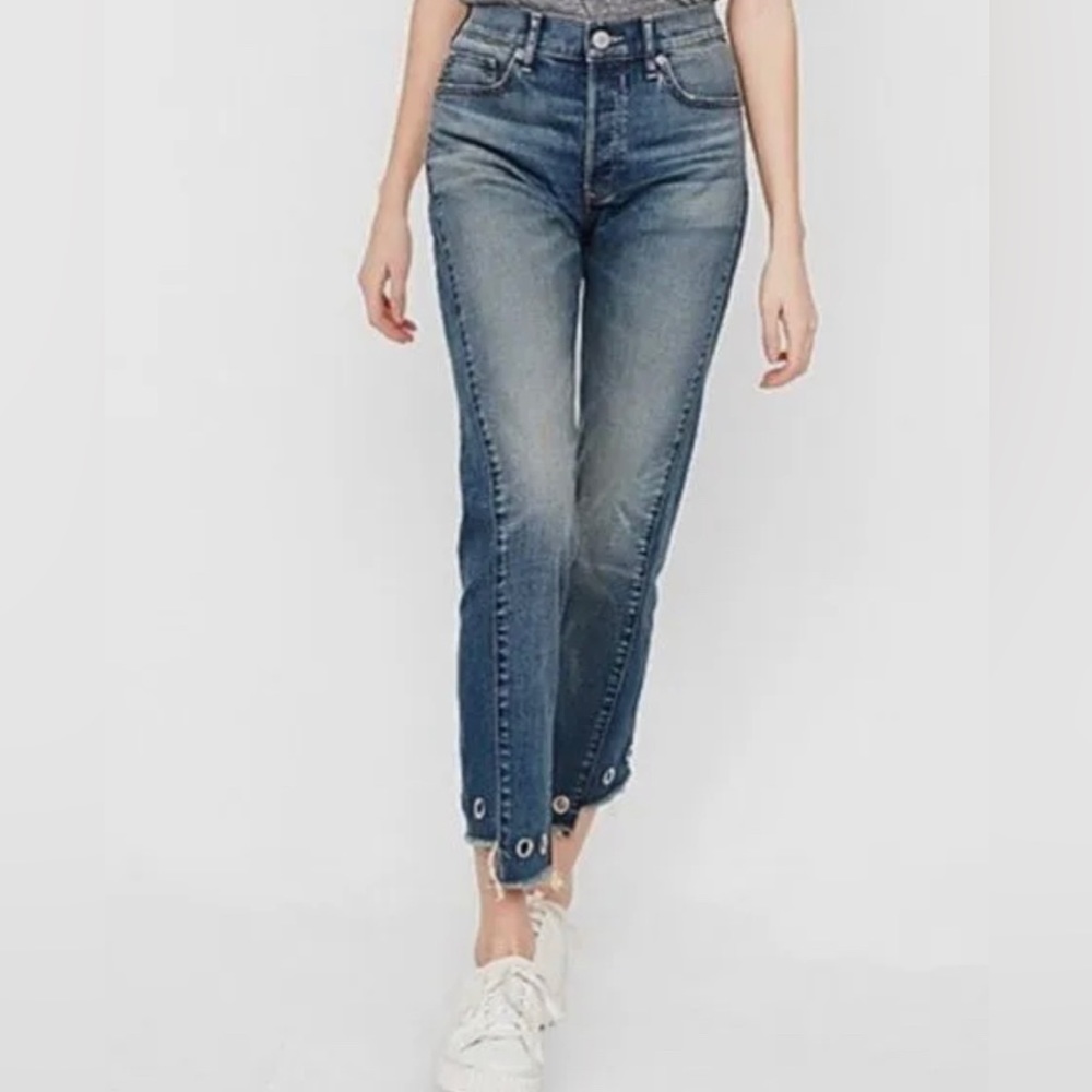 Express “Vintage Skinny” Button Up High Rise Ankle Cropped Jeans, Silver Detail